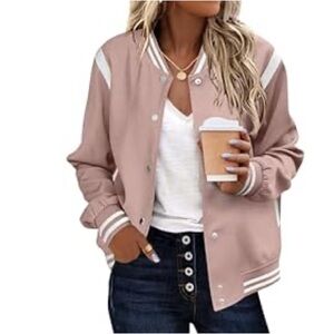NEW Pink and White Varsity Jacket with Contrast Trim